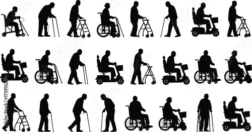 Elderly people silhouettes, seniors with walker, cane, wheelchair, mobility scooter, disability icons, healthcare support, aging lifestyle vector, rehabilitation symbols collection