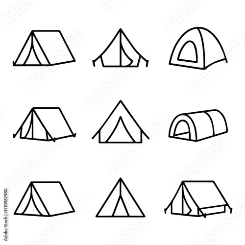 Nine Simple Line Drawings of Various Tent Designs.