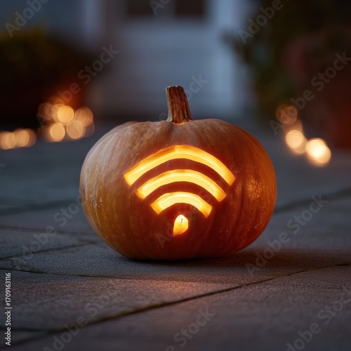 Carved pumpkin with wifi symbol glowing at night on stone pathway