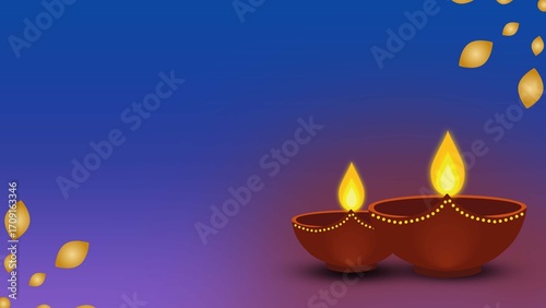 Elegant Diwali festival background with glowing clay lamps (diyas) placed on a deep blue to purple gradient with golden leaf accents, ideal for festival greetings, digital posters.