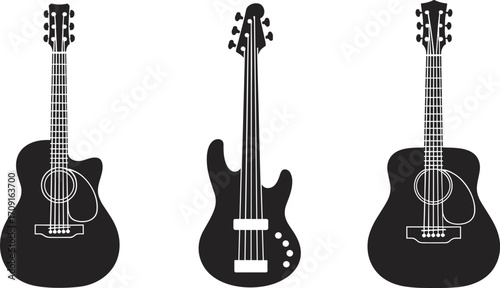 Acoustic and electric guitar silhouette vector illustration, musical instrument collection icon, black guitar shapes design, rock music symbol, artistic instrument decoration graphic