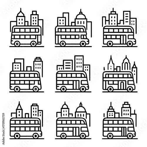 Nine Unique Line Art Illustrations of Double Decker Buses in Various Cityscapes.
