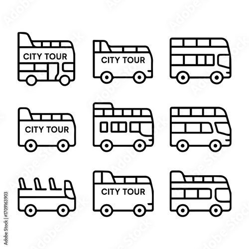 Outlined City Tour Buses in Various Designs for Transportation and Tourism.