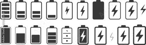 Battery charge level icons vector set, energy power symbol illustration, mobile device battery indicator design, electric charging status graphic, technology concept element