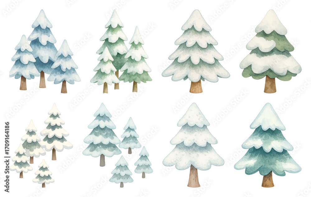 Fototapeta premium PNG Watercolor snowy pine trees illustration, element set on transparent background