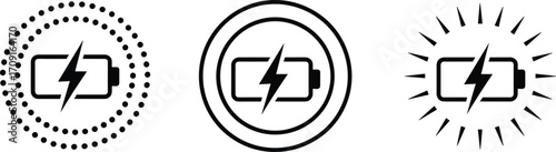 Battery charging energy icon set with lightning bolt inside outline, surrounded by dotted, circular, and sunburst shapes, electricity vector design for technology, renewable power illustration