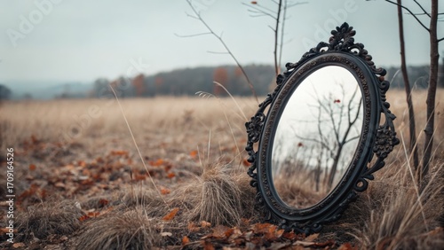 Ornate mirror reflecting bare branches in a foggy autumn field
