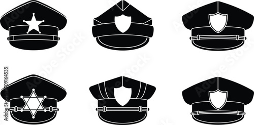 Police Officer Hat Icons Set, Law Enforcement Cap Silhouettes, Sheriff Badge Symbols, Security, Cop Uniform Vector Illustration for Design Projects