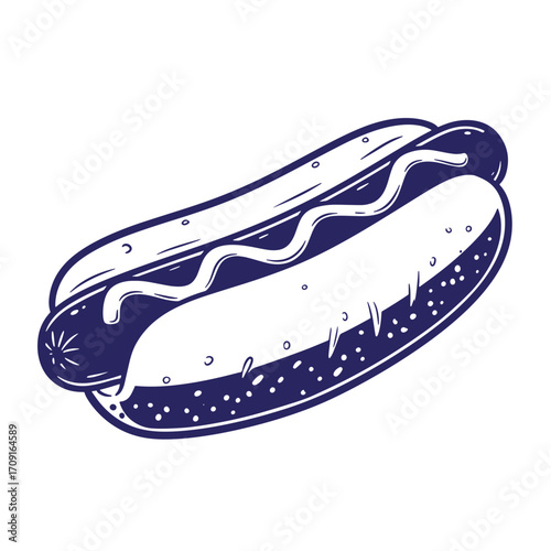 A delicious hand drawn hot dog vector illustration with mustard in a detailed style