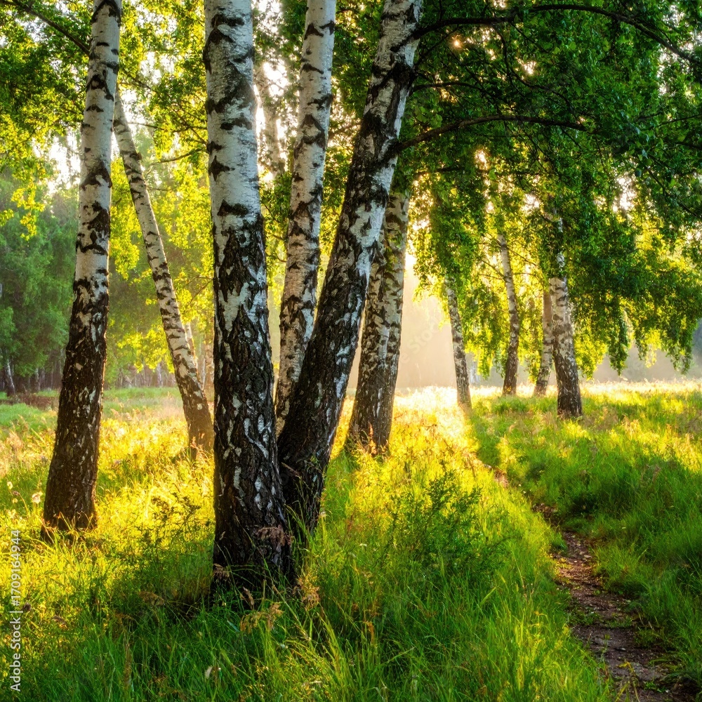 Fototapeta premium Sunlight filters through birch trees in a meadow