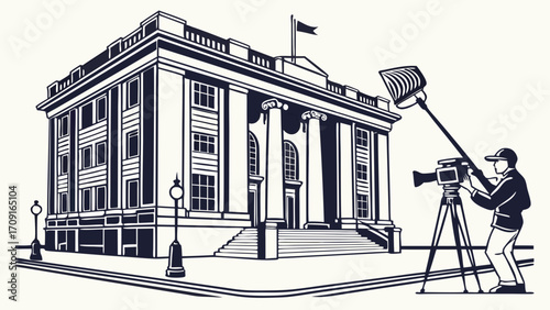 Filming a grand building classic movie scene vintage camera black and white illustration vector art.