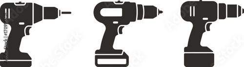 Cordless electric drill tool vector illustration, power drill machine icon set, construction equipment symbol design for industrial work, repair and DIY projects