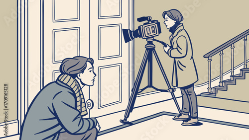 Filming a person indoors video production interview home interior camera on tripod.