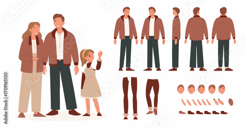 ather with mother and daughter. Family character constructor for animation. Front, side and back view set. Body parts, postures, poses collection. Vector illustration. 