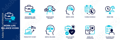 Work-Life Balance Blue Colored Outline Icon Set