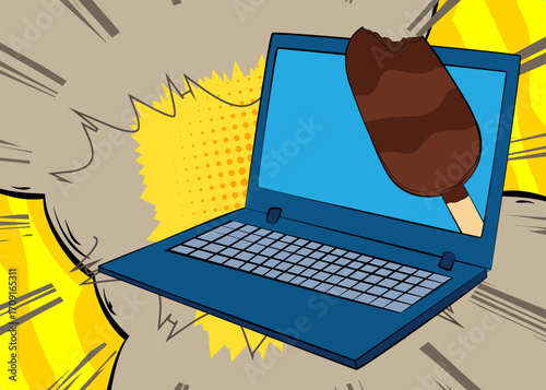 Cartoon Laptop, comic book Notebook with Ice Cream. Retro vector comics pop art design.