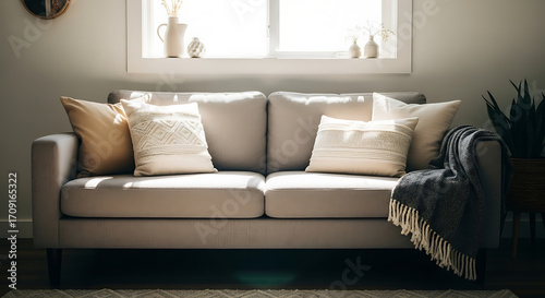 Sunlit modern sofa with decorative pillows and a dark throw in a cozy home interior.