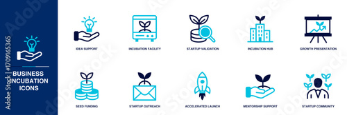 Business Incubation Blue Colored Outline Icon Set