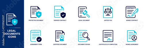 Legal Documents Blue Colored Outline Icon Set
