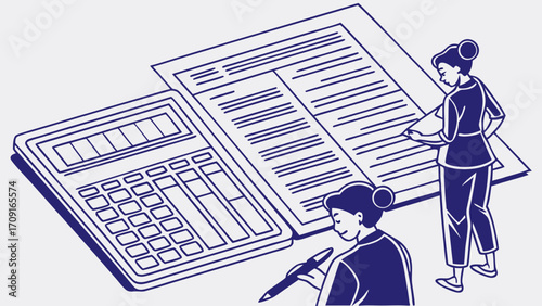 Financial planning accounting illustration two women reviewing documents calculator budget teamwork business finance isometric analysis strategy paperwork report data calculation n.