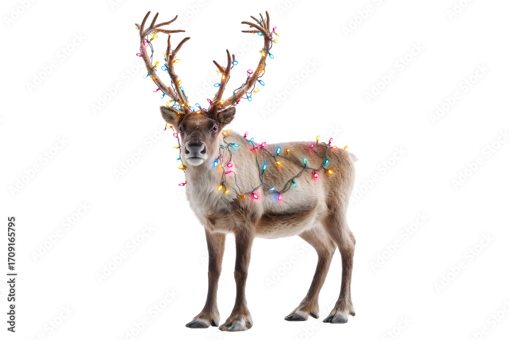Obraz premium A Christmas reindeer with colorful lights around antlers, isolated on a transparent background.