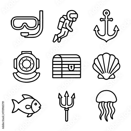 Undersea Adventure Icons Diver Treasure Chest and Marine Life Collection.