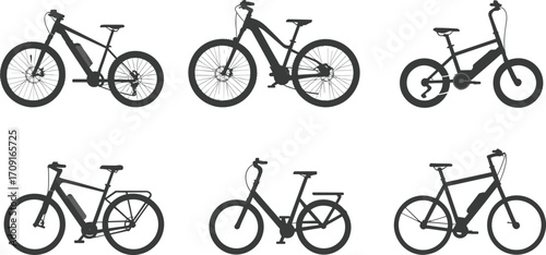 Electric bicycle silhouette collection vector illustration, modern eco friendly transport design, black e bike set with mountain, city, road, urban commuting styles