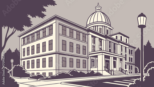 Government Building Architectural Design Urban Landscape Classic Style Cityscape Illustration Dome Columns Street Scene Vector Art Public Building Retro Style Vintage Illustration Ext.