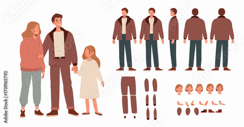 ather with mother and daughter. Family character constructor for animation. Front, side and back view set. Body parts, postures, poses collection. Vector illustration. 