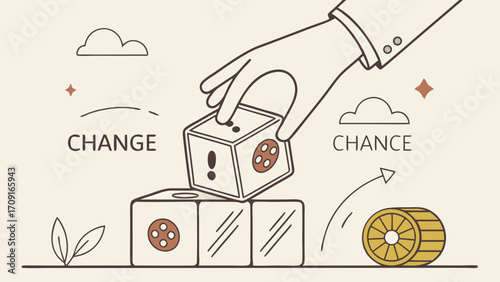 Hand Placing Dice Block on Stack Change and Chance Concept Illustration.