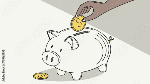 Hand putting coin into piggy bank saving money concept illustration.