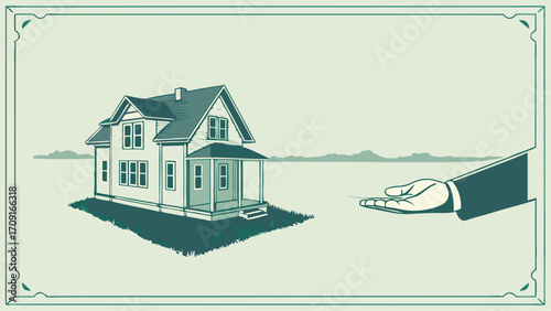 House for sale home offer real estate property illustration hand presenting house home ownership new home dream house house graphic buying a home selling a home residential property h.