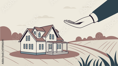 House for sale real estate home offer property countryside rural house new home dream home family house residential building house illustration hand offering house house in the field.