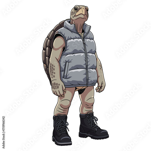 Vector Illustration of Anthropomorphic Tortoise Character in Modern Casual Style with Gray Puffer Vest and Black Boots