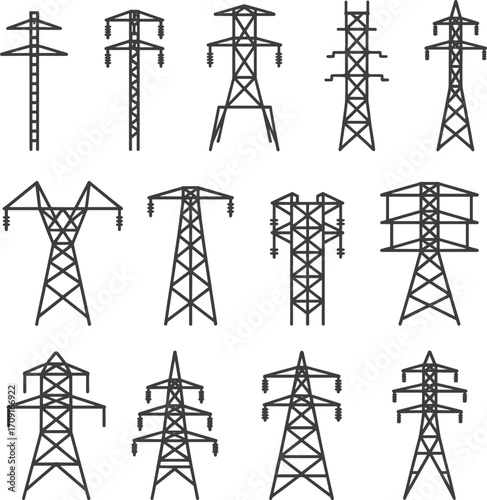 Electricity transmission tower vector set, high voltage power line pylons illustration, energy distribution infrastructure, electrical grid network, utility pole icon, industrial engineering design
