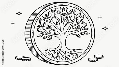 Illustration of a Tree of Life on a Coin Design Black and White Line Art Symbolic Representation of Growth and Prosperity.