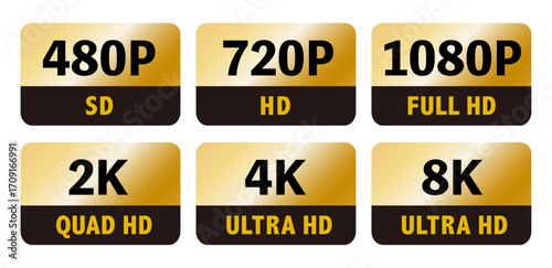 8K 4K 2K 1080P 720P 480P ロゴ　アイコン　ゴールド　背景透過