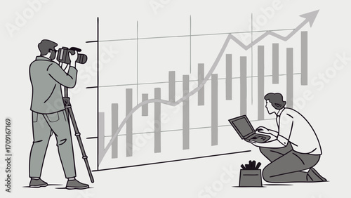 Illustrative image of business growth photographer and data analyst working together.