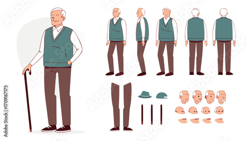 Elderly man character constructor for animation. Front, side and back view set. Body parts, postures, poses collection. Vector illustration.  