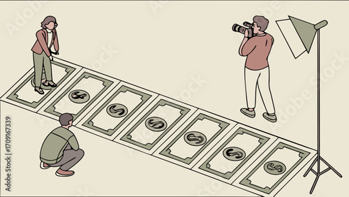 Isometric Illustration of a Photoshoot on a Money Background Featuring Models and Photographer.
