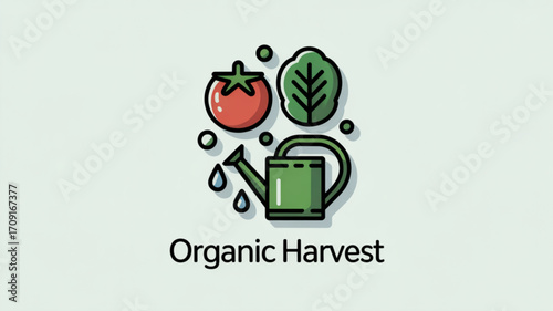 Organic gardening harvest with watering can, tomato, and spinach illustration for healthy eating concept