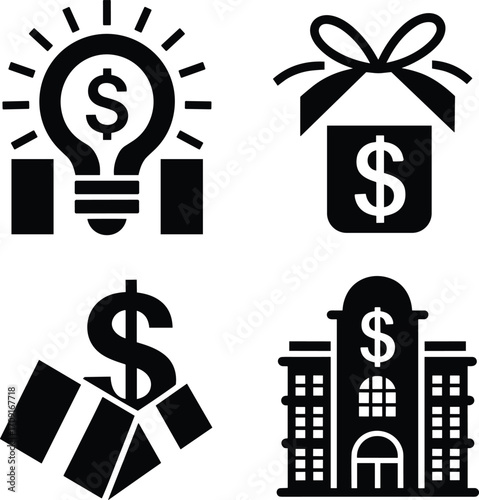 Finance and money icon collection, creative light bulb idea, gift box dollar sign, investment profit growth, banking institution building, business economy design