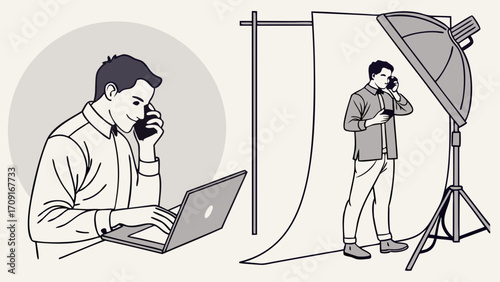 Man on Phone Call Working on Laptop Studio Photography Illustration Business Communication Modern Design.