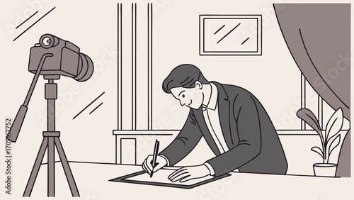 Man signing document online video conference digital signature business meeting remote work home office online meeting video call digital technology modern workplace professional worksp.