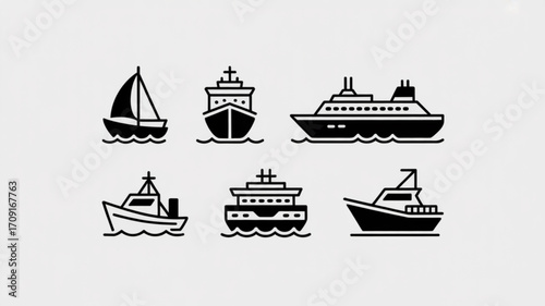Boat types vector icons set sailboat cruise ship cargo ship fishing boat yacht ferry boat maritime transport