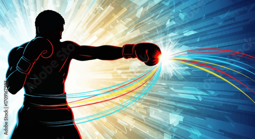 Dynamic vector illustration of a boxer silhouette punching with glowing energy lines, sports concept design