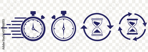 Timers and clock icon set. Time line symbol. Containing clock, stopwatch, hourglass and more Vector illustration. Timers icon set on transparent background. eps 10