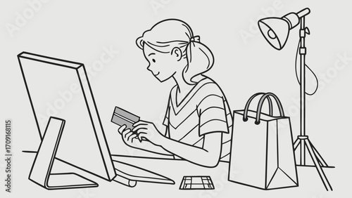 Online Shopping Credit Card Payment E-commerce Desk Setup Illustration Black and White Simple Design Shopping Bag Computer Payment Method Online Retail Digital Marketing E-commerce Il.