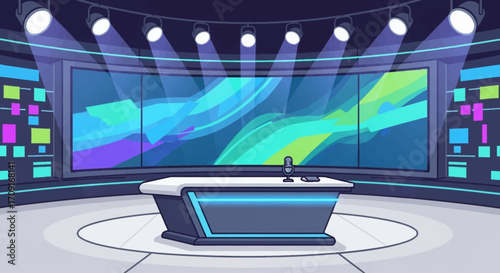 Flat design vector of a TV studio with bright lights, big screen, and host desk, lively broadcast atmosphere