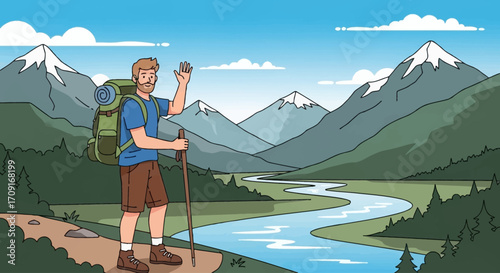 Flat illustration of young traveler with backpack, mountains and rivers in the background, outdoor lifestyle vector1